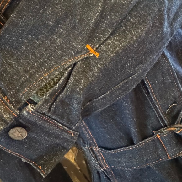 Vintage 70s RARE Longline Denim Jean Jacket Belted Orange Stitching Star Buttons - Picture 10 of 11